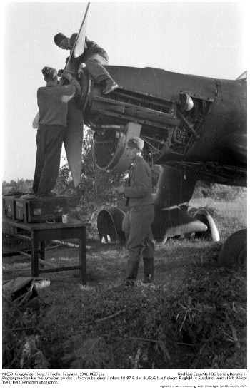 Flugzeugmechaniker bei Arbeiten an der Luftschraube einer Junkers JU 87 B der III./St.G.1 auf einem Flugfeld in Russland, vermutlich Winter 1941/1942. Personen unbekannt. NLESB_Kriegsbilder_lose_Filmrolle_Russland_1941_0027