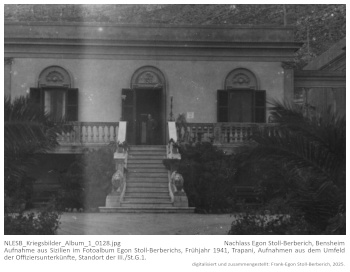 Aufnahme aus Sizilien im Fotoalbum Egon Stoll-Berberichs, Frühjahr 1941, Trapani, Aufnahmen aus dem Umfeld der Offiziersunterkünfte, Standort der III./St.G.1. NLESB_Kriegsbilder_Album1_0128