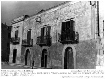 Aufnahme aus Sizilien im Fotoalbum Egon Stoll-Berberichs, Frühjahr 1941, Trapani, Aufnahmen aus dem Umfeld der Offiziersunterkünfte, Standort der III./St.G.1. NLESB_Kriegsbilder_Album1_0139