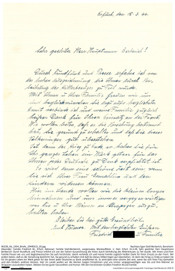 Familie W. aus Erfurt verfasst einen Brief an Hauptmann Stoll-Berberich persönlich und einen an seine Frau. NLESB_Ab_1934_Briefe_19440315_03.