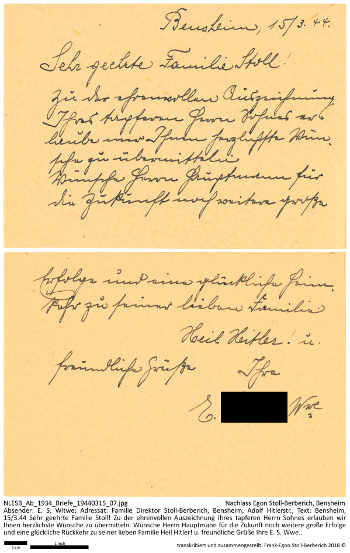 Eine Witwe aus Bensheim schreibt Familie Stoll und wünscht dem Sohn große Erfolge und eine glückliche Rückkehr. NLESB_Ab_1934_Briefe_19440315_07.