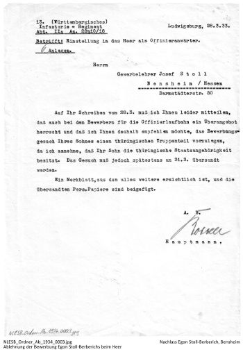 Ablehnung der Bewerbung Egon Berberichs vom 28. März 1933 als Offiziersanwärter beim Heer, hier: 13. Württembergisches Infantrie Regiment, NLESB_Ordner_Ab_1934_0003