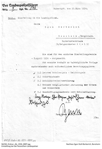 Brief vom 21. März 1934: Einstellung in den Polizeidienst zum 5. April 1934, NLESB_Ordner_Ab_1934_0007