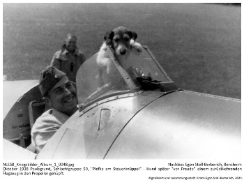 Oktober 1938, Paulsgrund, Schlachtgruppe 50, "Piefke am Steuerknüppel" - Hund später "vor Freude" einem zurückkehrenden Flugzeug in den Propeller gehüpft. NLESB_Kriegsbilder_Album1_0048.
