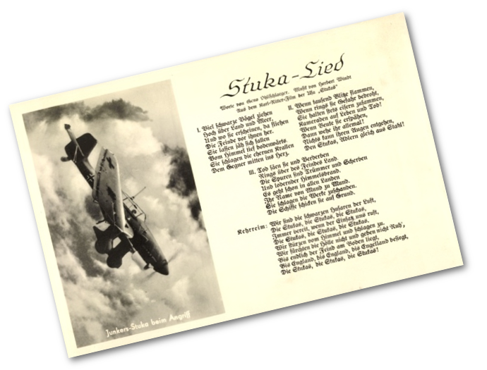 Ansichtskarte mit Lied zum Thema "Stuka": "Stuka Lied" - Robert Franke Verlag, Hamburg. (Bild bereinigt) Ansichtskarte mit Lied zum Thema "Stuka": "Stuka Lied" - Robert Franke Verlag, Hamburg. (Bild bereinigt)