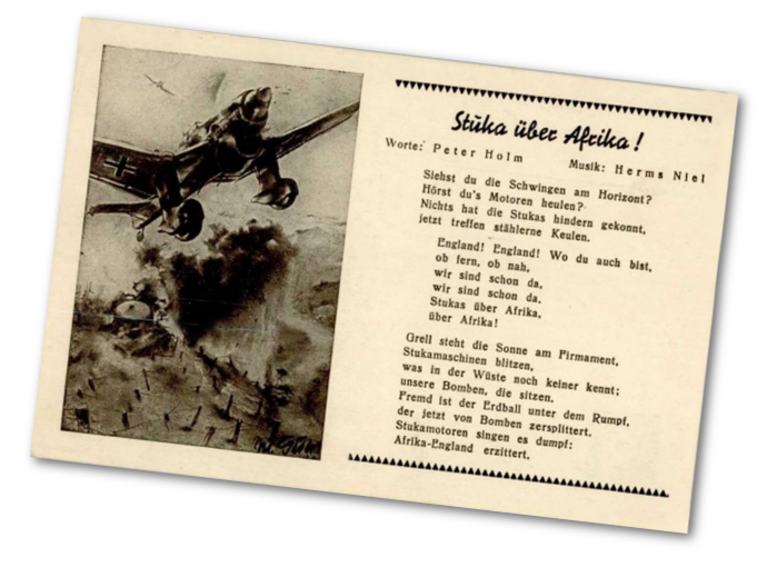 Ansichtskarte mit Lied zum Thema "Stuka": "Stukas über Afrika" - Robert Franke Verlag, Hamburg. (Bild bereinigt) Ansichtskarte mit Lied zum Thema "Stuka": "Stukas über Afrika" - Robert Franke Verlag, Hamburg. (Bild bereinigt)