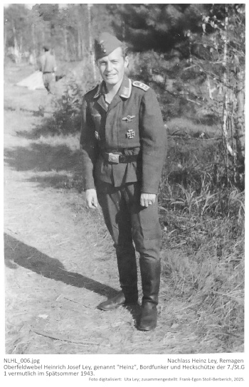 Oberfeldwebel Heinrich Josef Ley, genannt "Heinz", Bordfunker und Heckschütze der 7./St.G 1, Aufnahme  vermutlich im Spätsommer 1943.; NLHL_006